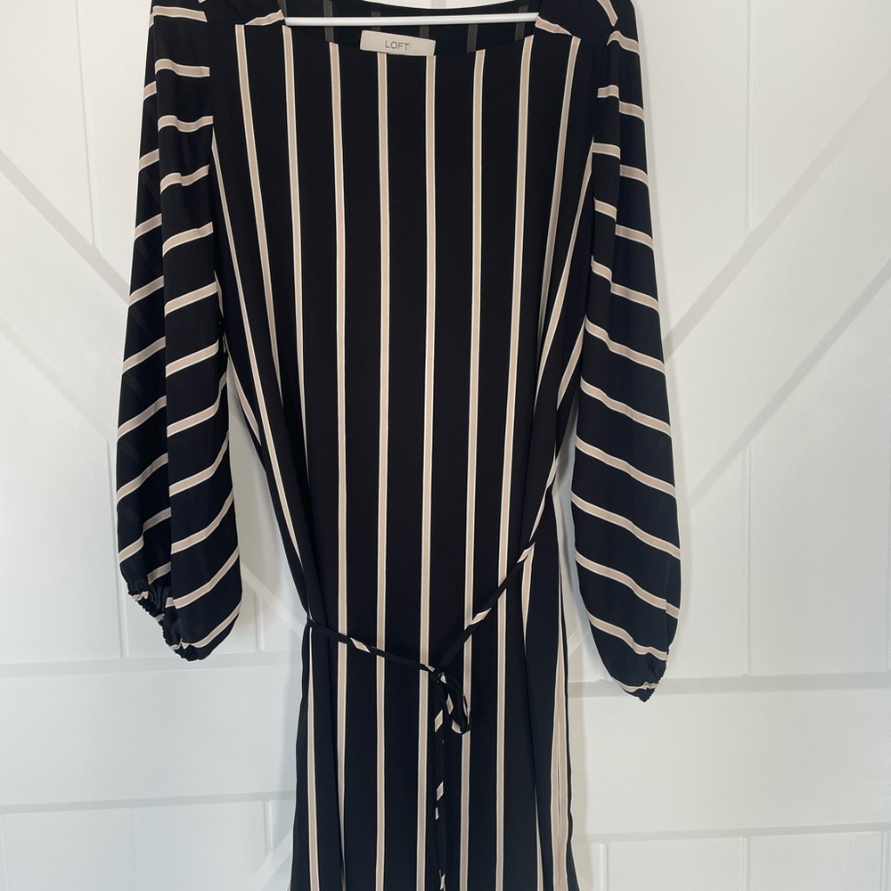 LOFT Long Sleeve Striped Dress in Black and Cream